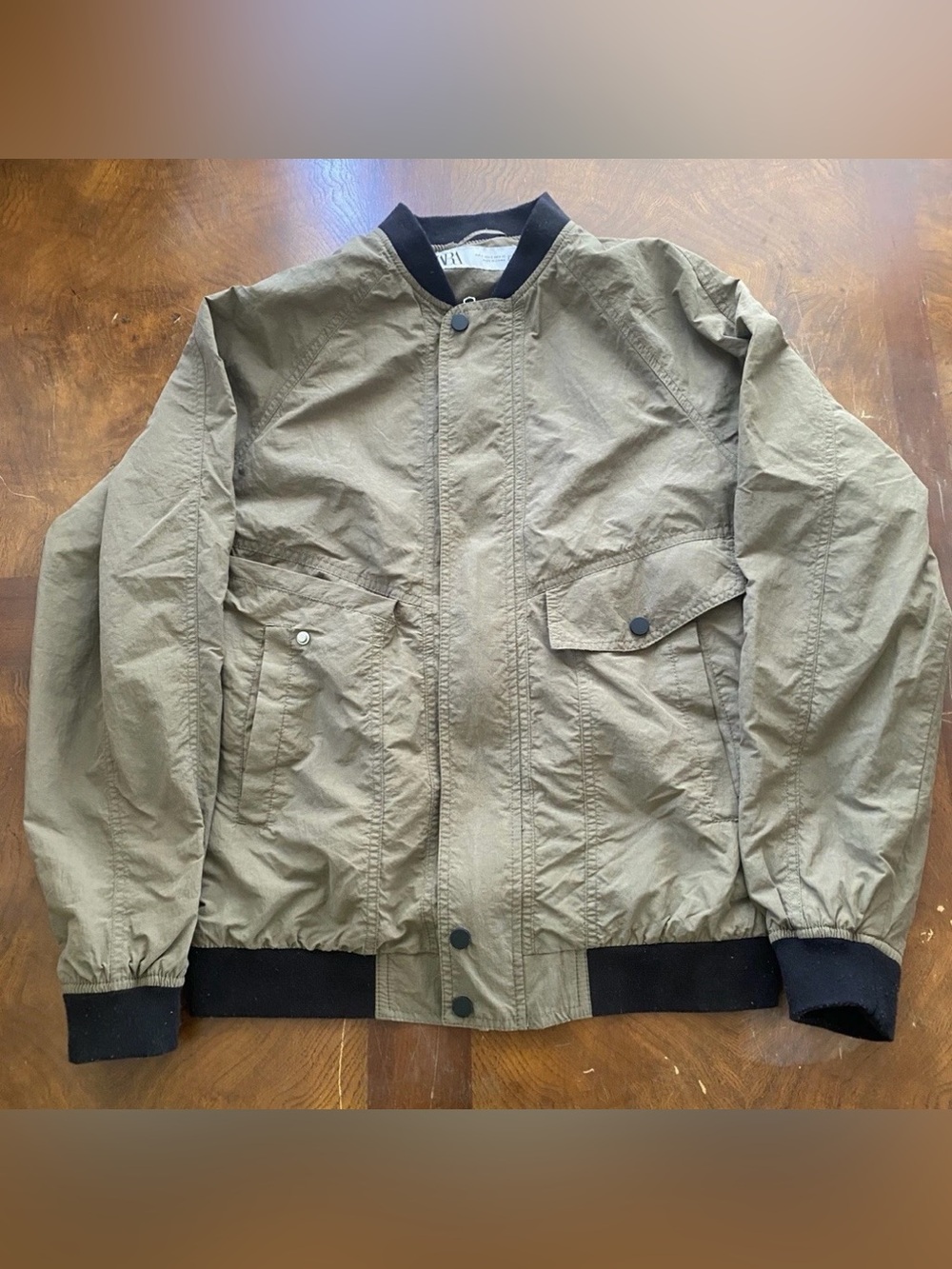 Zara Olive Khaki Green Bomber Jacket with Black Trim